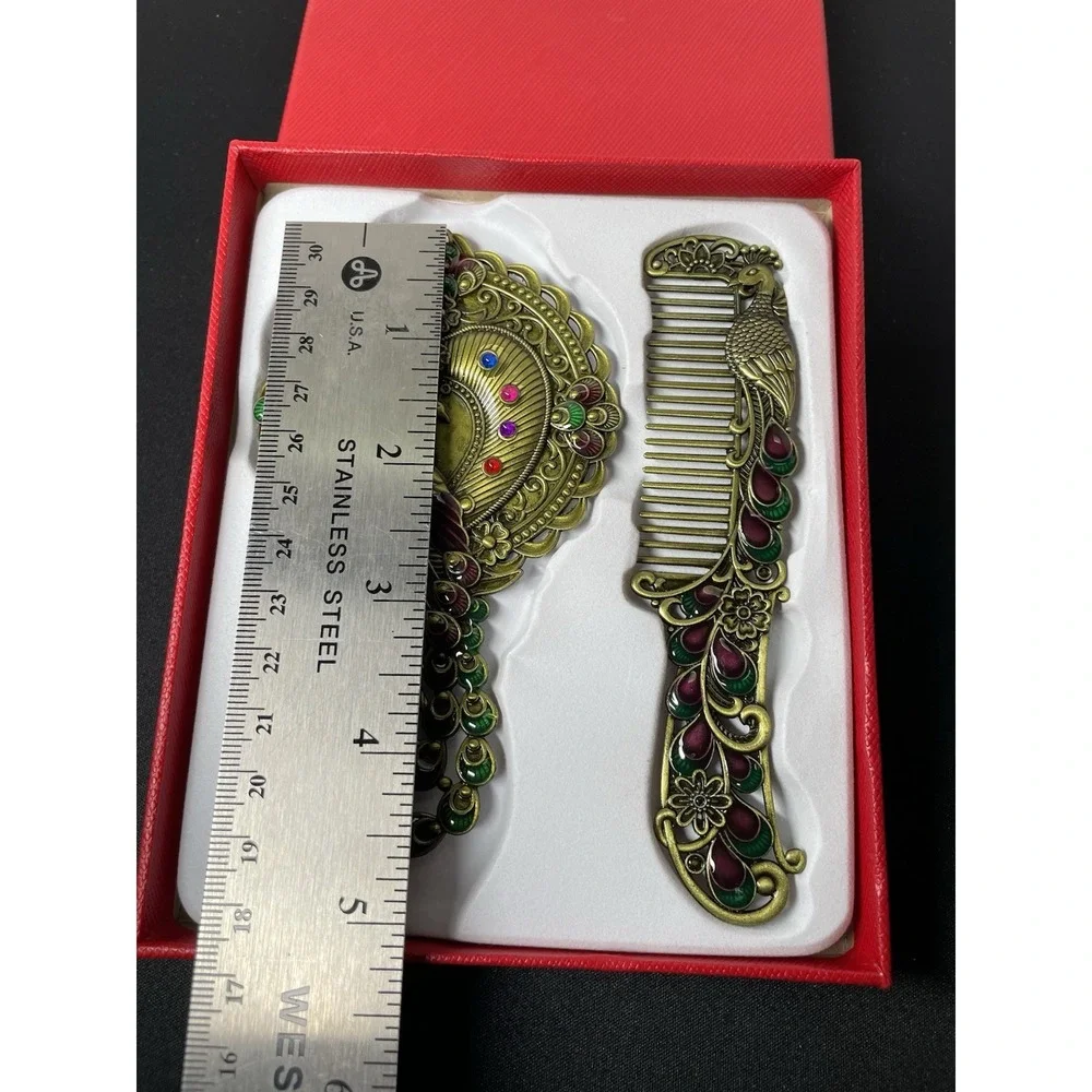 Antique Style Oriental Brass Embossed Peacock Motif Vanity Mirror Comb Set 130 g
